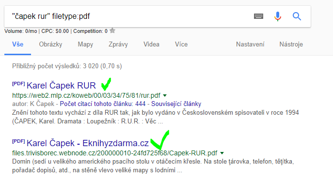ukázka hledání na google