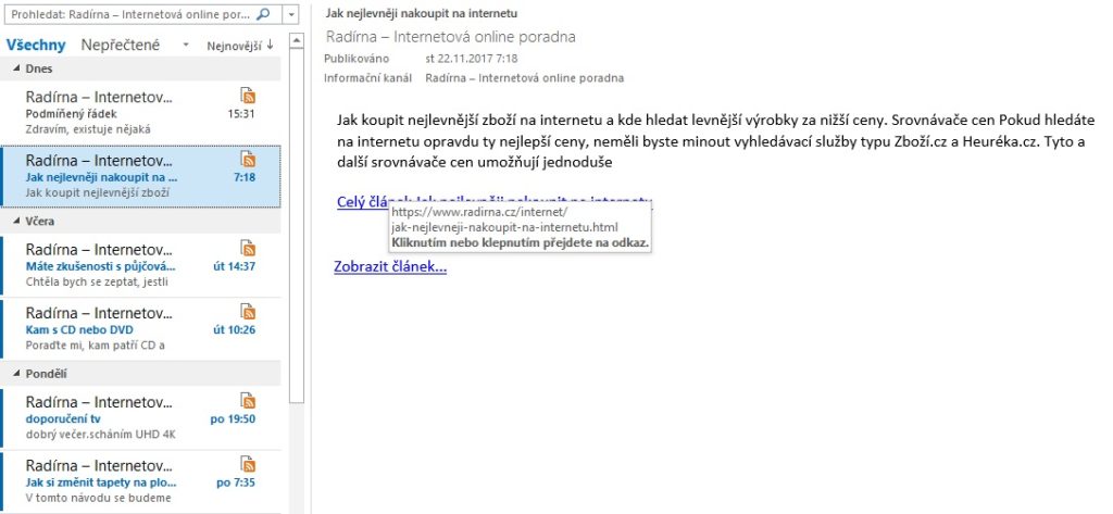 aktivní odběr rss přes outlook