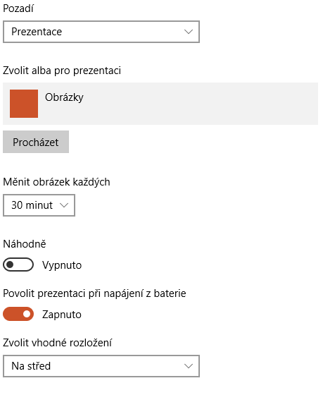 nastavení prezentace