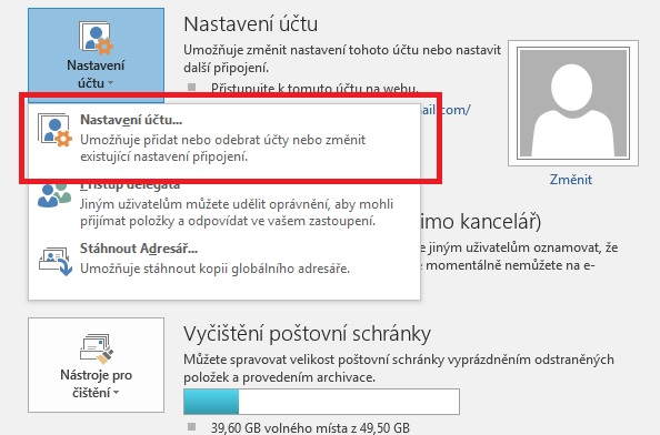 nastavení účtu pro Outlook