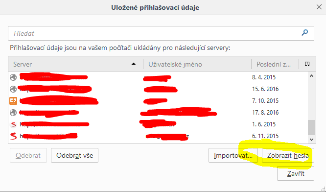 zobrazení uložených hesel