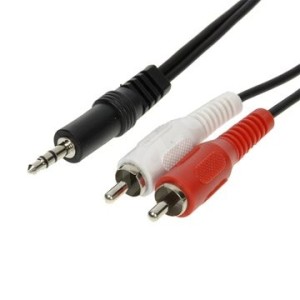 konektory na kabelu: černý je 3,5 mm jack, bílý a červený cinch výstup 
