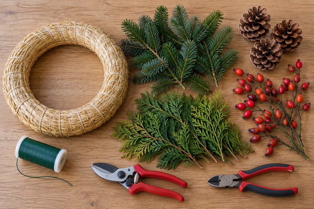 Přehled materiálu: slaměný kruh, chvojí, šišky, šípky, drát a nářadí
